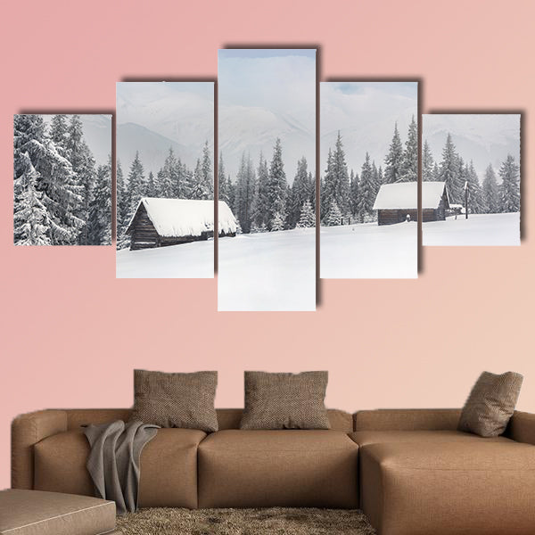 Old farm in the mountains at winter Multi panel canvas wall art