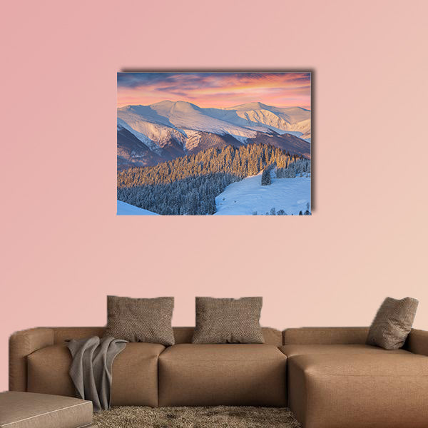 Colorful winter landscape in mountains Sunrise multi panel canvas wall art