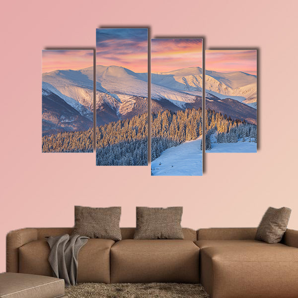 Colorful winter landscape in mountains Sunrise multi panel canvas wall art