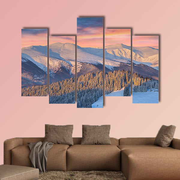 Colorful winter landscape in mountains Sunrise multi panel canvas wall art