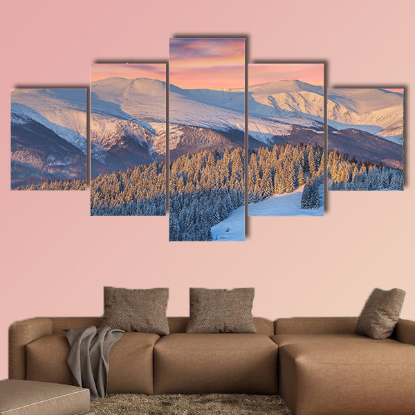 Colorful winter landscape in mountains Sunrise multi panel canvas wall art