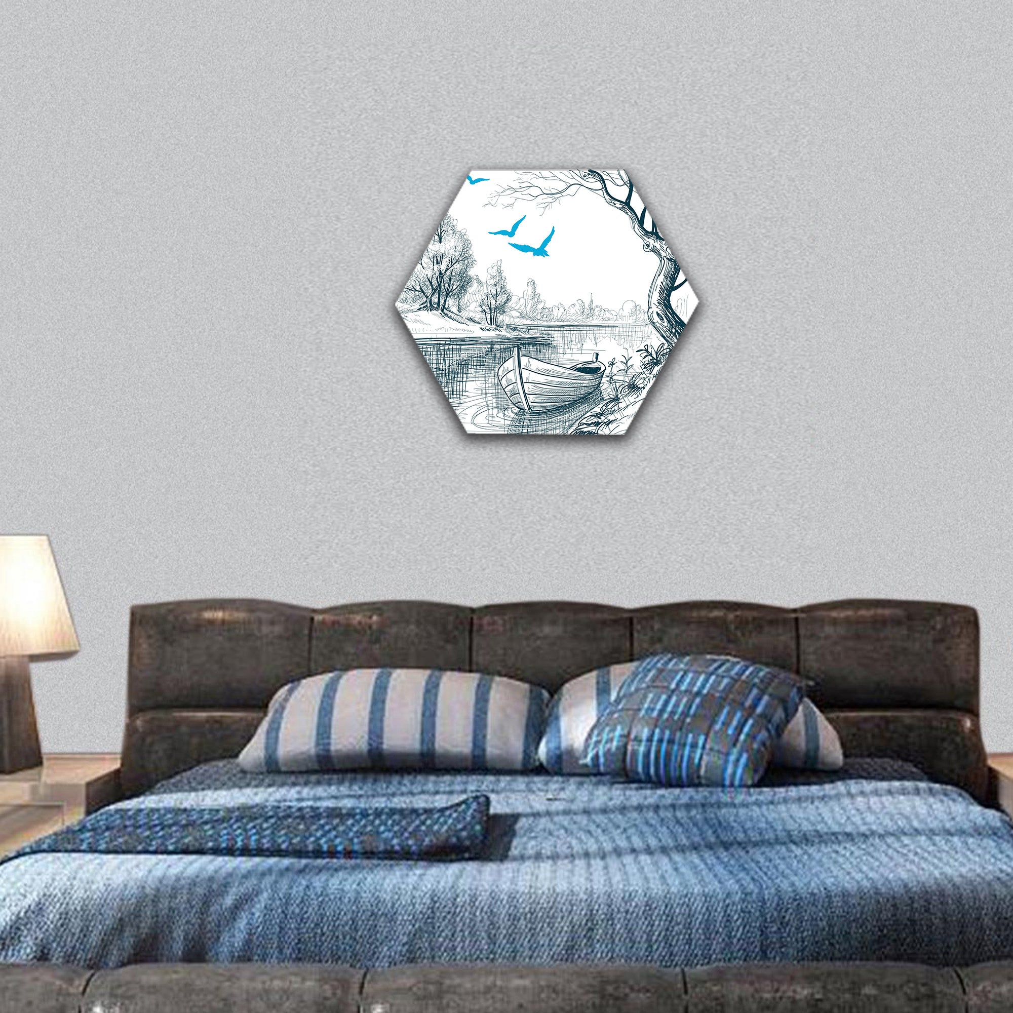 Boat on river delta vector sketch hexagonal canvas wall art