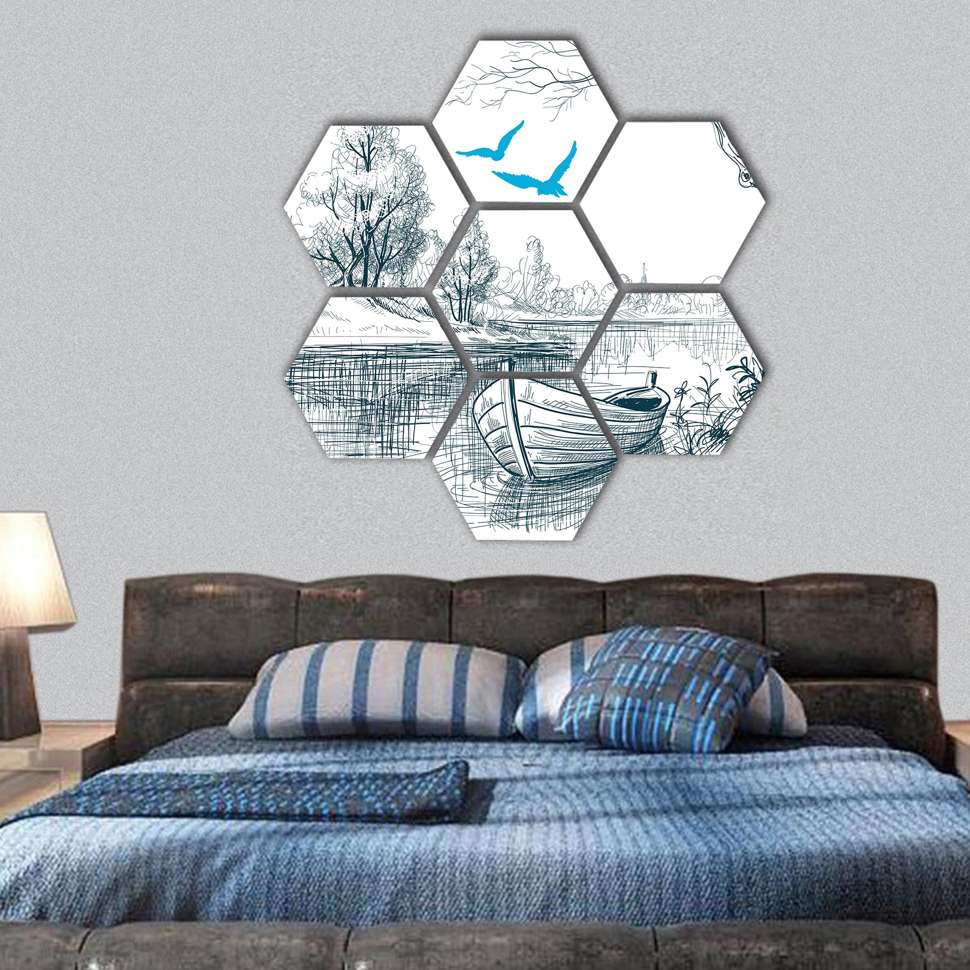 Boat on river delta vector sketch hexagonal canvas wall art