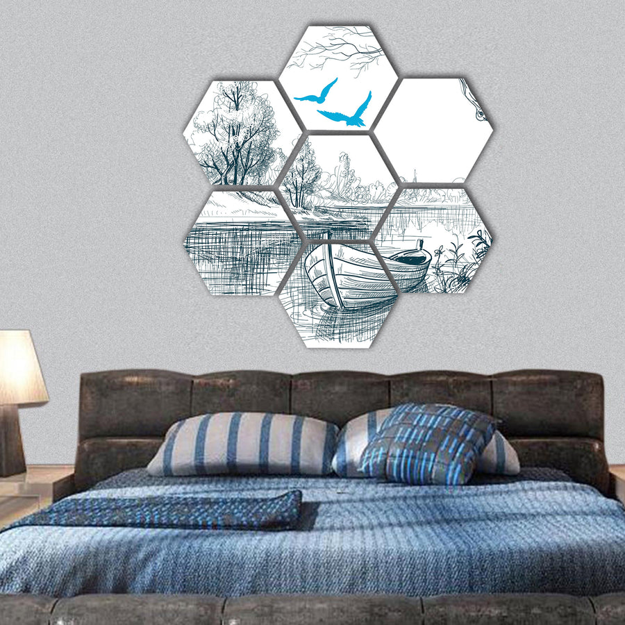 Boat on river delta vector sketch hexagonal canvas wall art