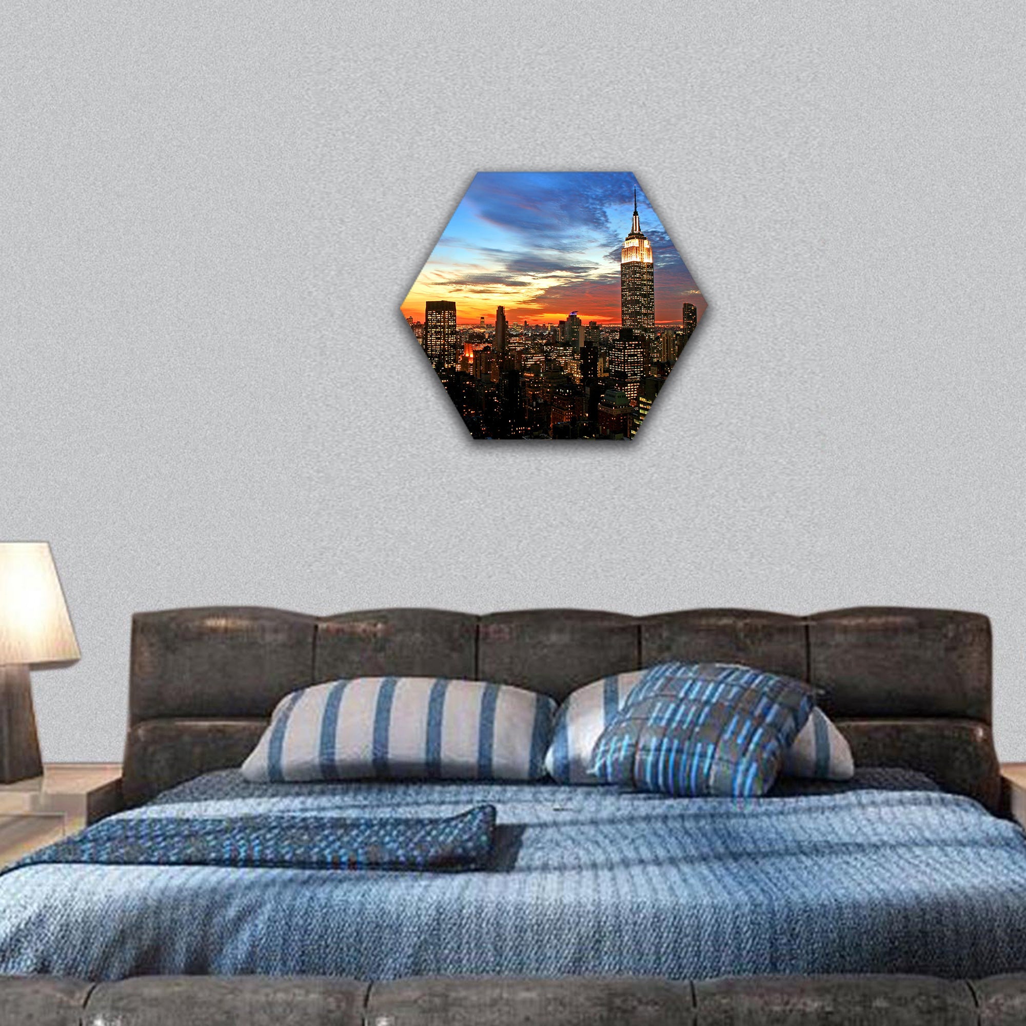 New York City midtown skyline at dark hexagonal canvas wall art