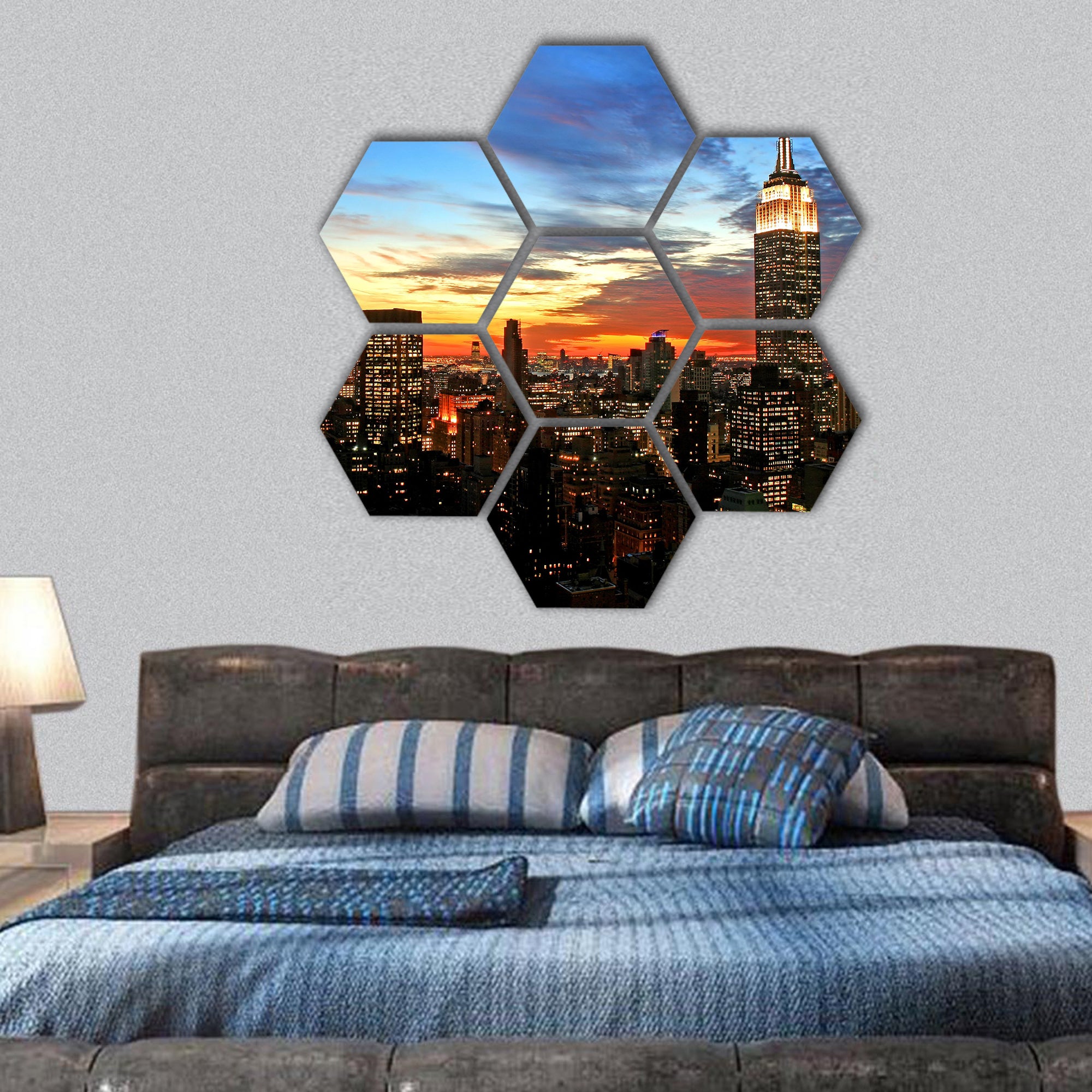 New York City midtown skyline at dark hexagonal canvas wall art