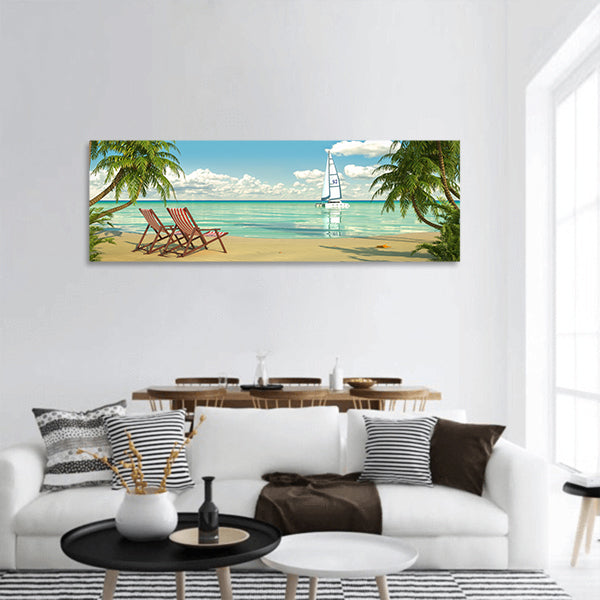Frontal view of a Caribbean beach with deck chairs and boat panoramic canvas wall art