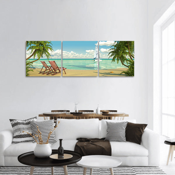 Frontal view of a Caribbean beach with deck chairs and boat panoramic canvas wall art
