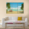 Frontal view of a caribbean beach with deck chairs and boat Multi panel canvas wall art