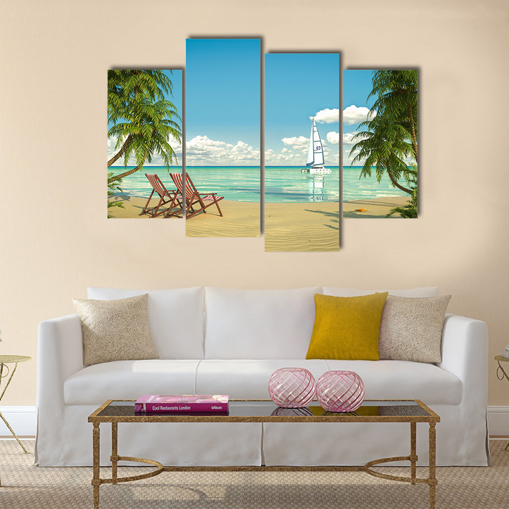 Frontal view of a caribbean beach with deck chairs and boat Multi panel canvas wall art