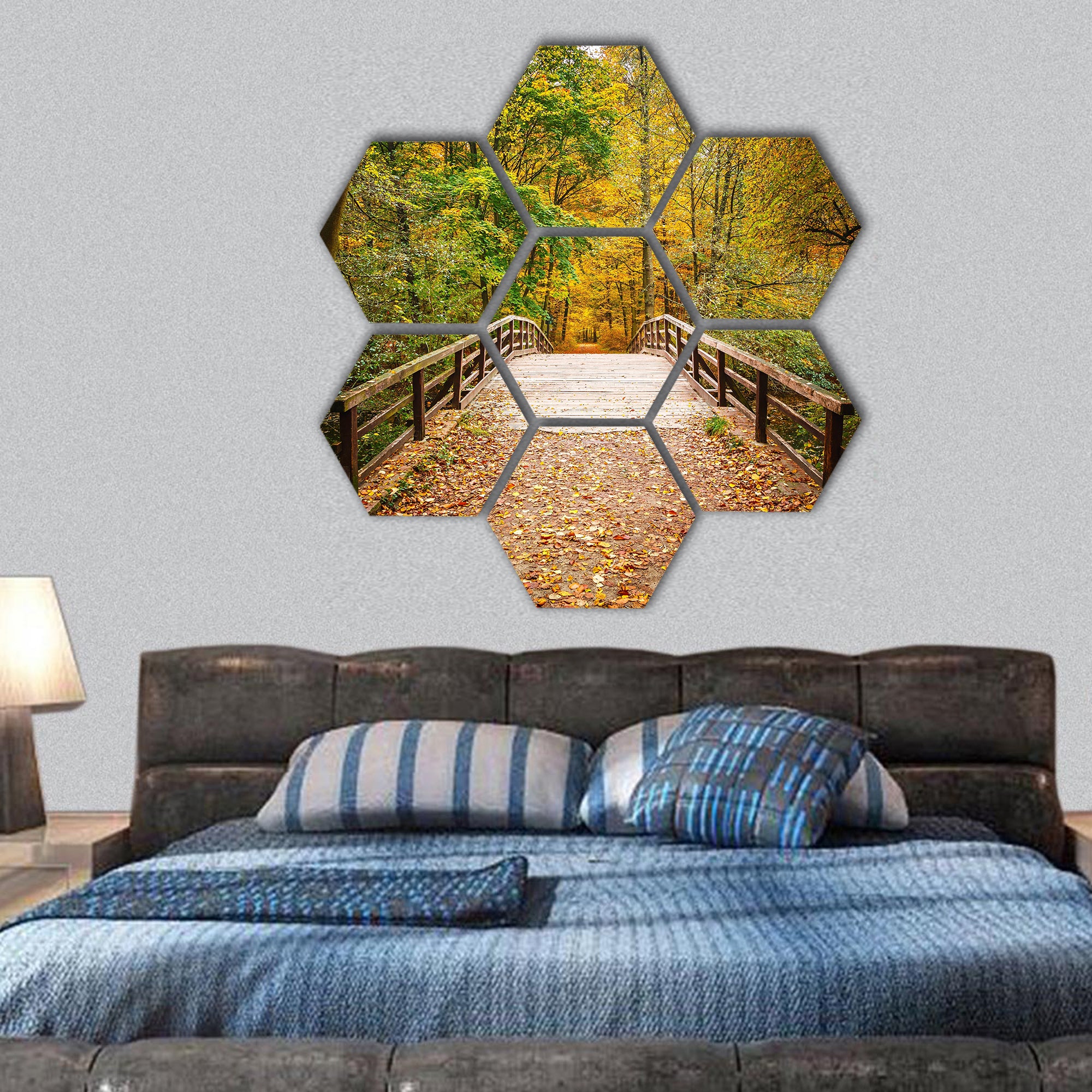 Wooden bridge in the autumn forest hexagonal canvas wall art
