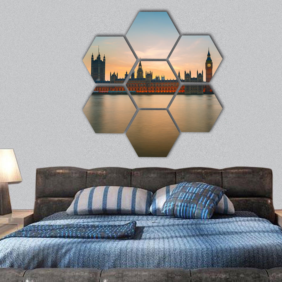 Big Ben and Houses of parliament at dusk hexagonal canvas wall art
