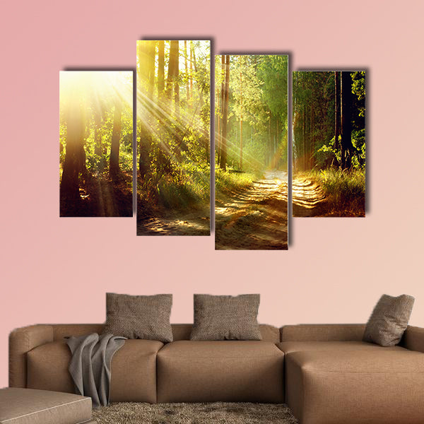 Beautiful Scene Misty Old Forest with Sun Rays multi panel canvas wall art