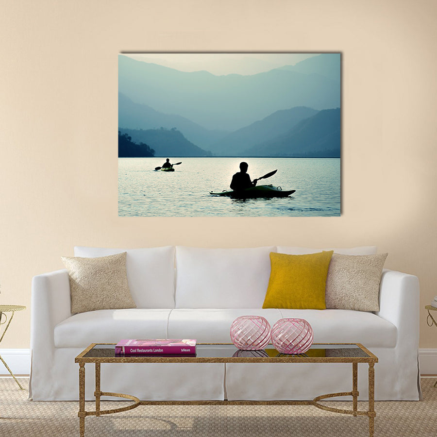 Kayaking at sunset in the mountains Multi panel canvas wall art