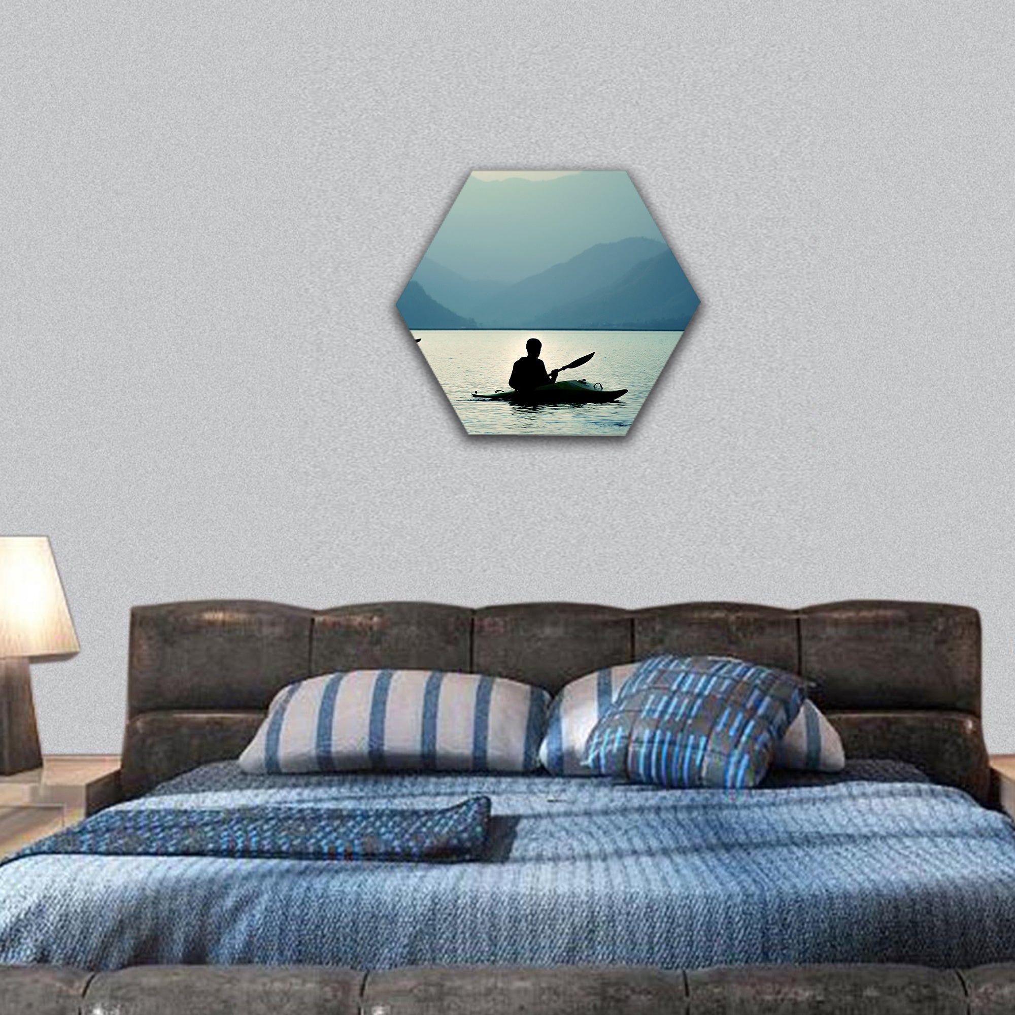 Kayaking at sunset in the mountains hexagonal canvas wall art