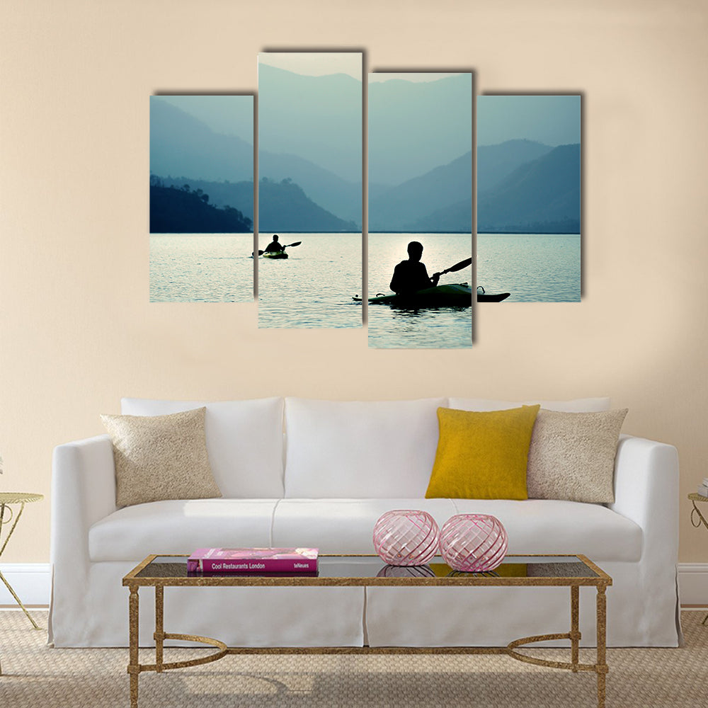 Kayaking at sunset in the mountains Multi panel canvas wall art