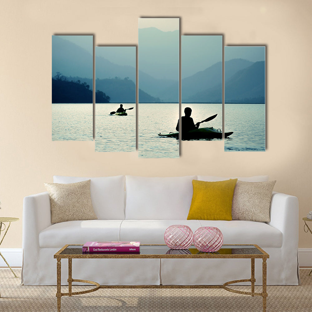 Kayaking at sunset in the mountains Multi panel canvas wall art