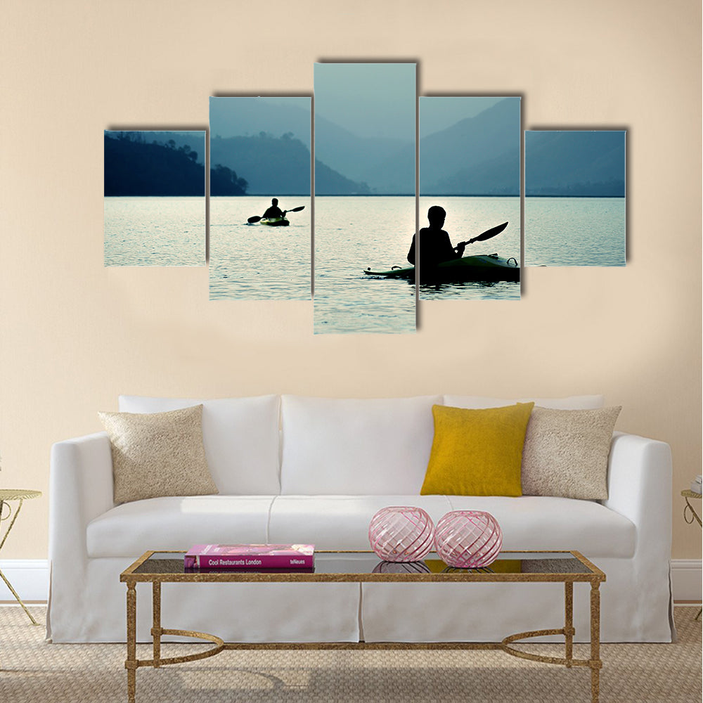 Kayaking at sunset in the mountains Multi panel canvas wall art