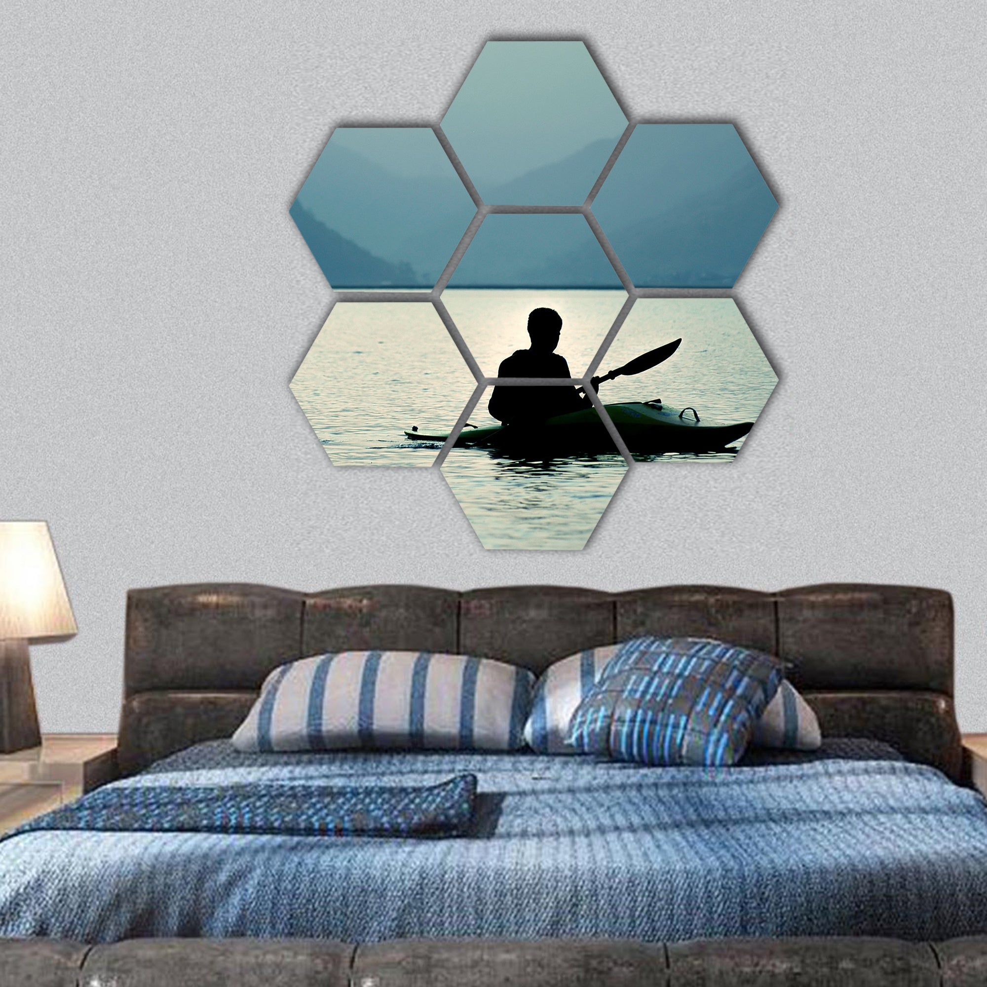 Kayaking at sunset in the mountains hexagonal canvas wall art