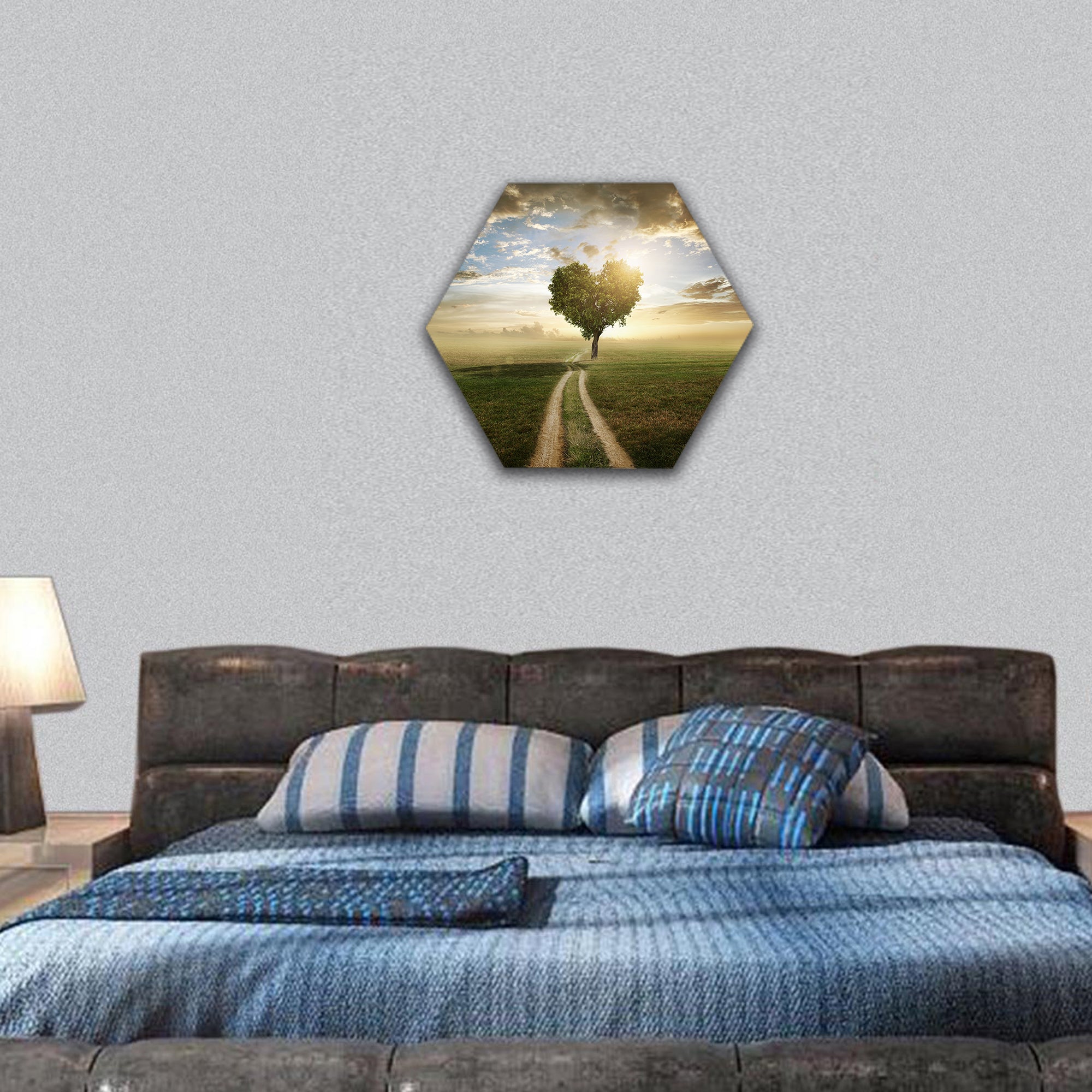 A tree made in the shape of a heart at sunset hexagonal canvas wall art