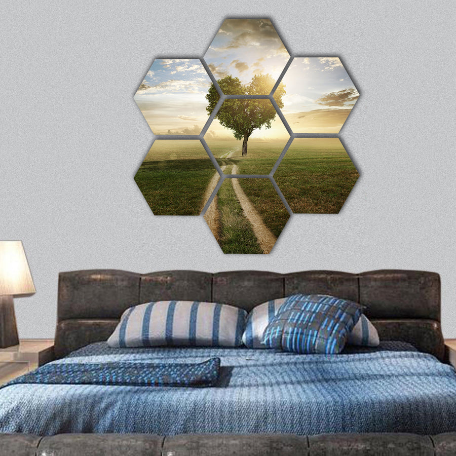 A tree made in the shape of a heart at sunset hexagonal canvas wall art