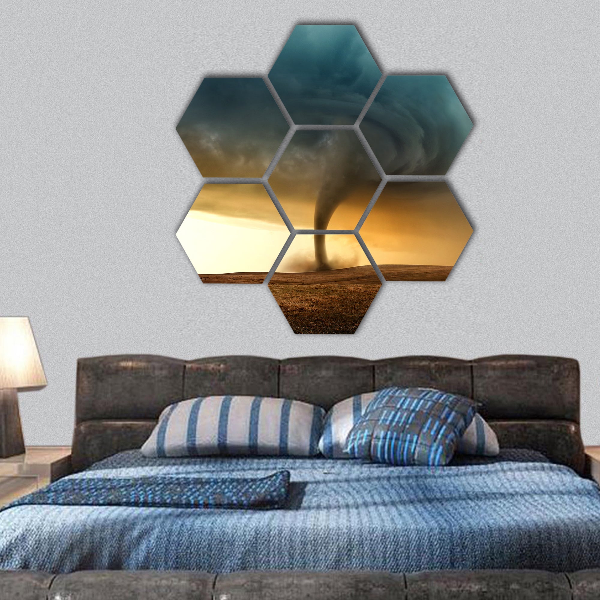 A Tornado forming in the evening from a supercell hexagonal canvas wall art