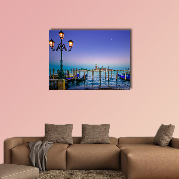 Venice, street lamp and gondolas or gondole on a blue sunset multi panel canvas wall art