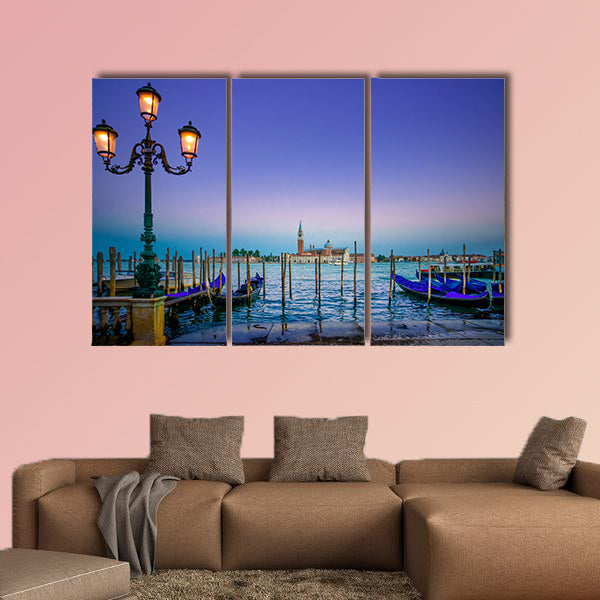 Venice, street lamp and gondolas or gondole on a blue sunset multi panel canvas wall art