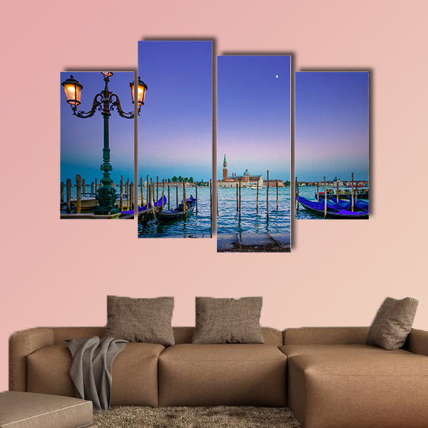 Venice, street lamp and gondolas or gondole on a blue sunset multi panel canvas wall art
