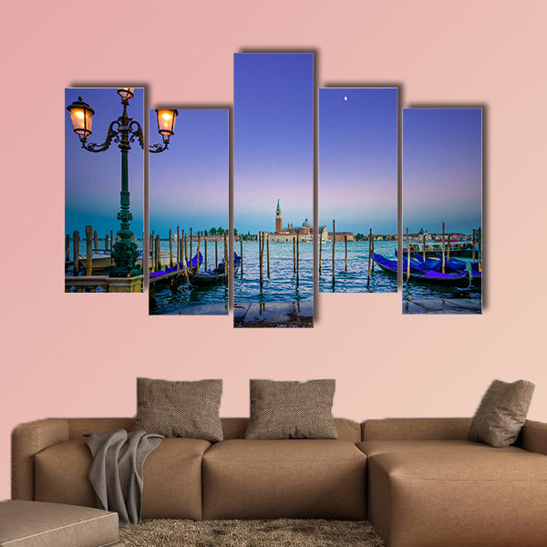 Venice, street lamp and gondolas or gondole on a blue sunset multi panel canvas wall art