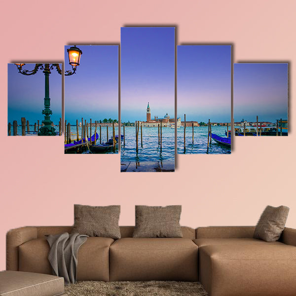 Venice, street lamp and gondolas or gondole on a blue sunset multi panel canvas wall art