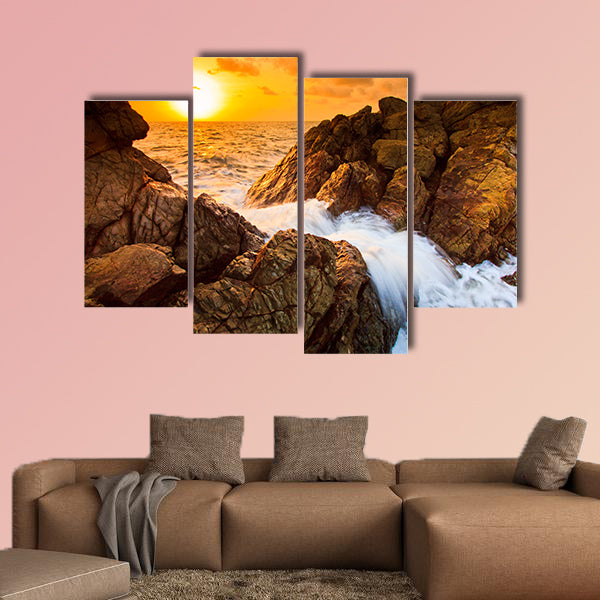  Landscape sunset sea waves line impact rock on the beach multi panel canvas wall art