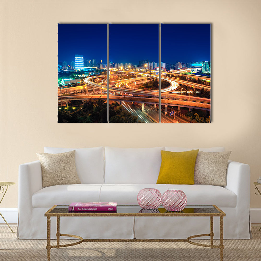 modern city highway overpass at night  multi panel canvas wall art