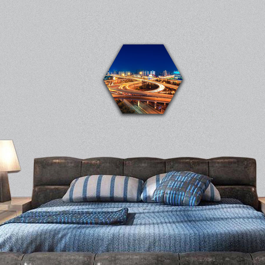 modern city highway overpass at night hexagonal canvas wall art