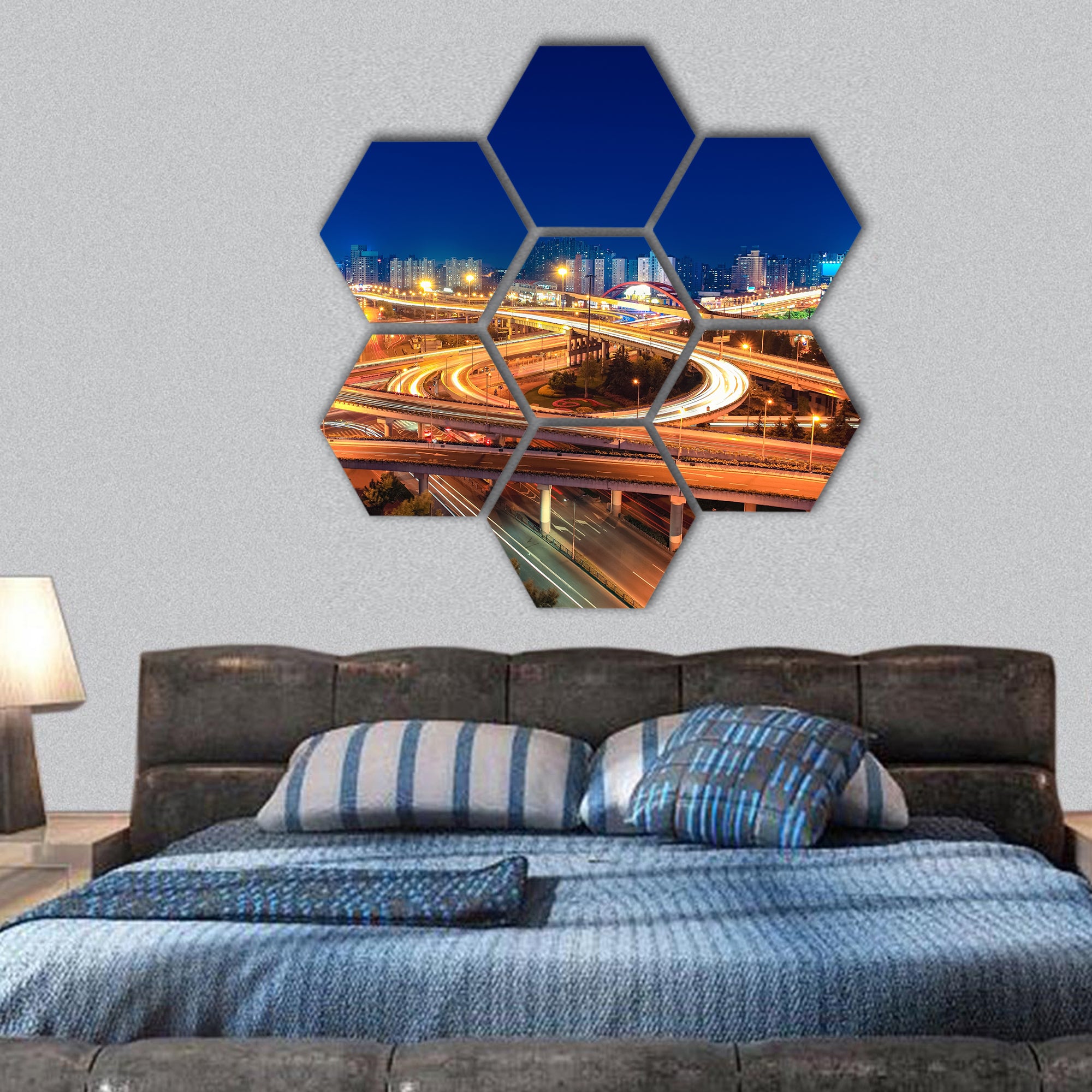 modern city highway overpass at night hexagonal canvas wall art