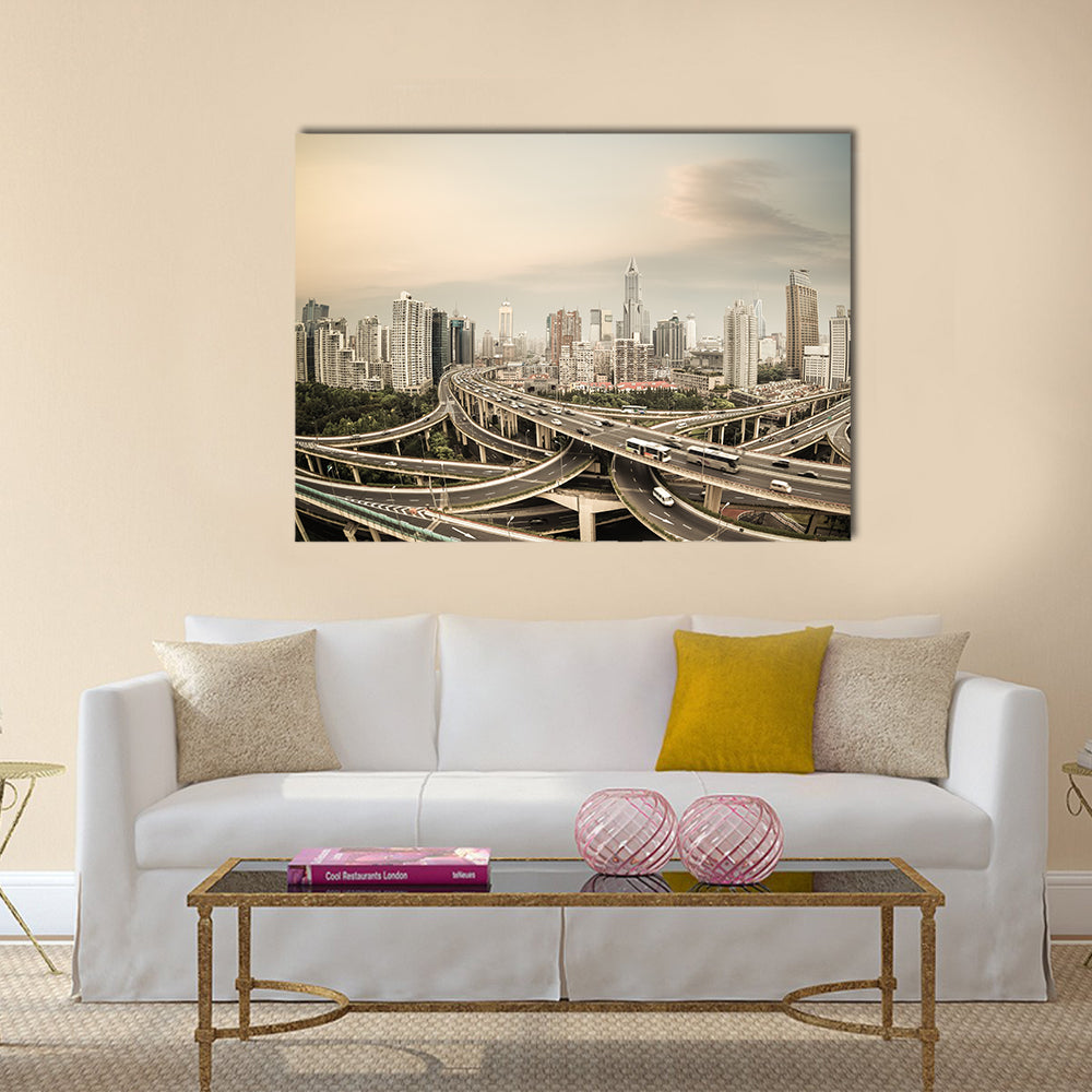 elevated road junction panorama in shanghai at dusk,China multi panel canvas wall art