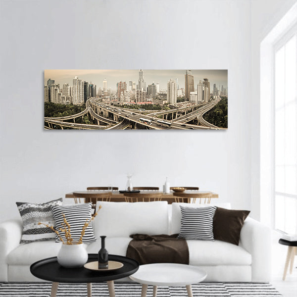 Elevated road junction panorama in shanghai at dusk,China panoramic canvas wall art