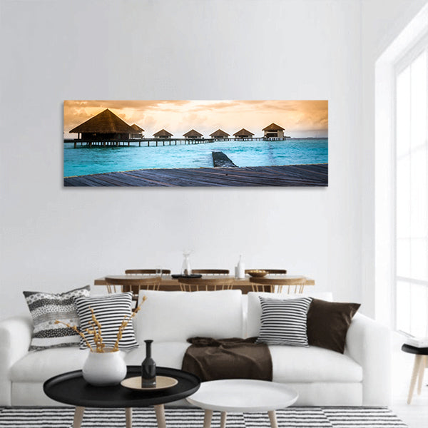 Over water bungalows with steps into amazing green lagoon panoramic canvas wall art