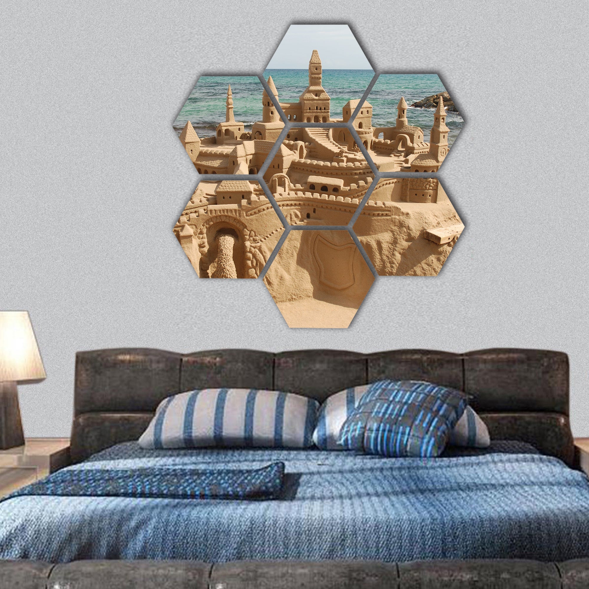 Sandcastle on a mediterranean beach hexagonal canvas wall art