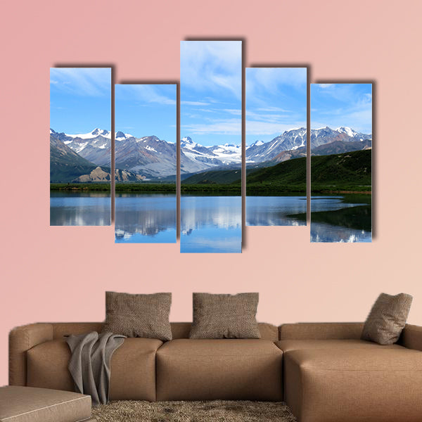 Mountain lake blue sky at Alaska multi panel canvas wall art