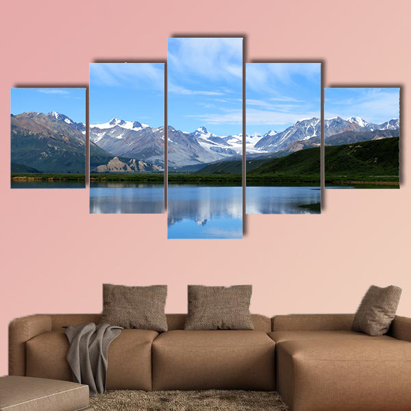 Mountain lake blue sky at Alaska multi panel canvas wall art