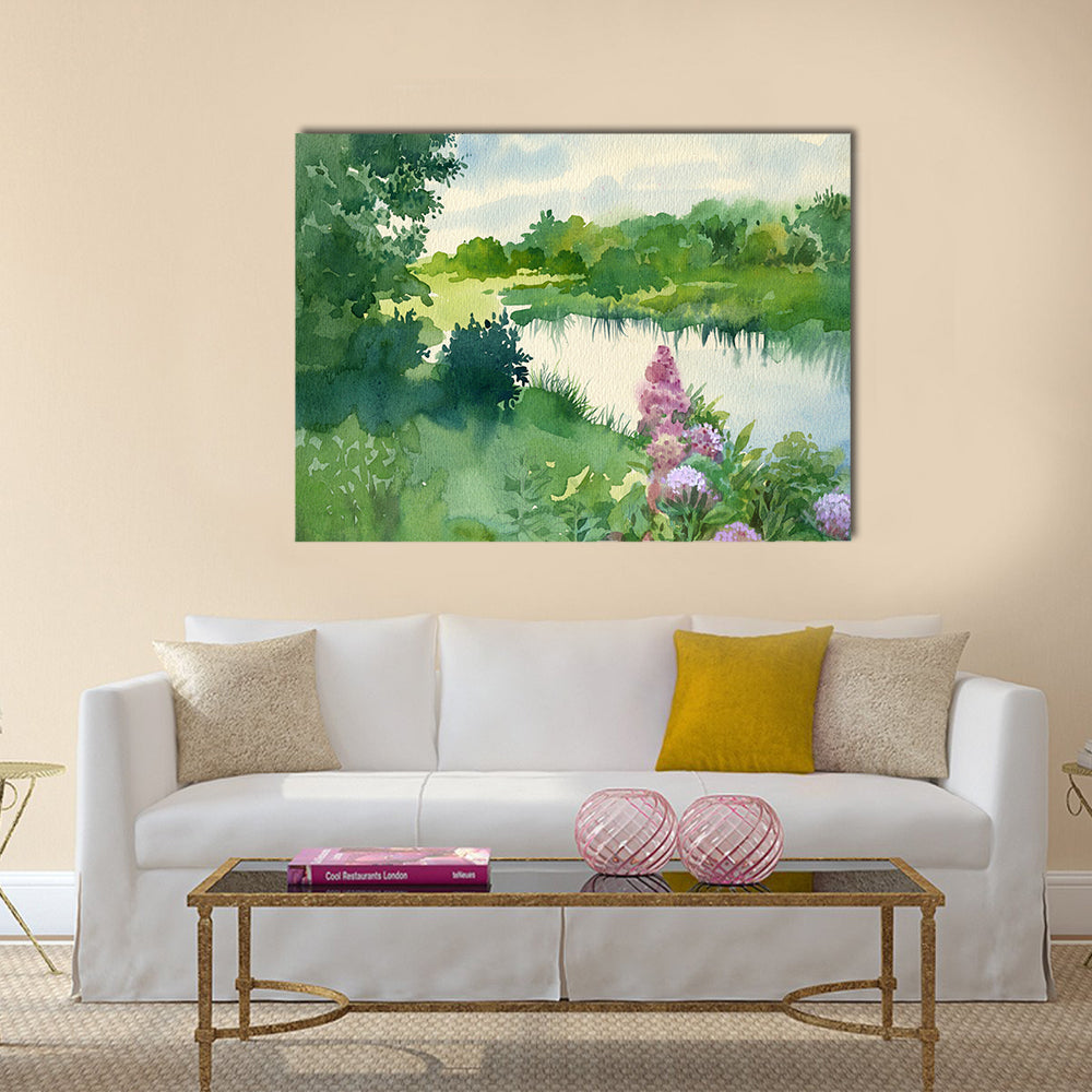 Watercolor Landscape Collection Near the River Multi Panel Canvas Wall Art