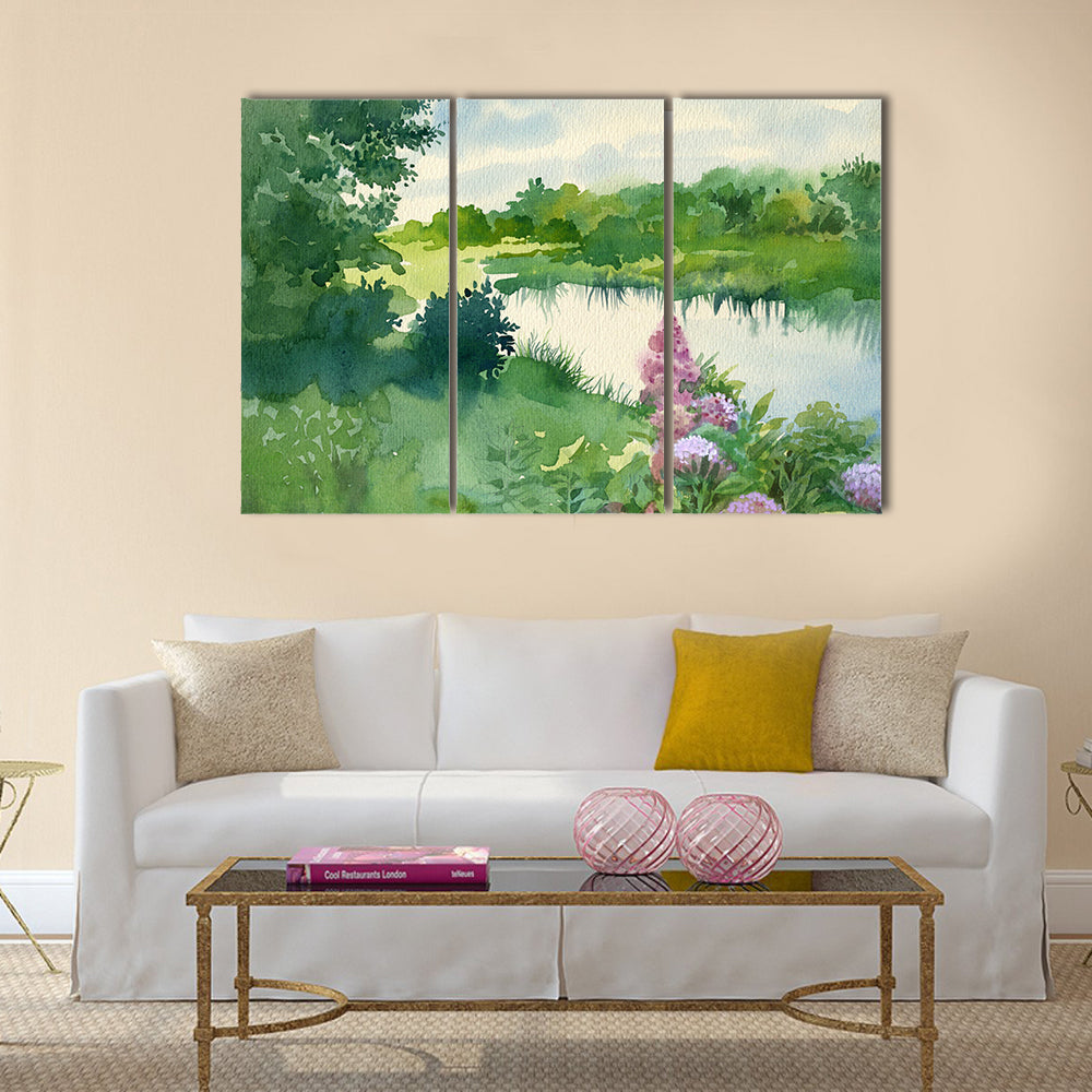 Watercolor Landscape Collection Near the River Multi Panel Canvas Wall Art