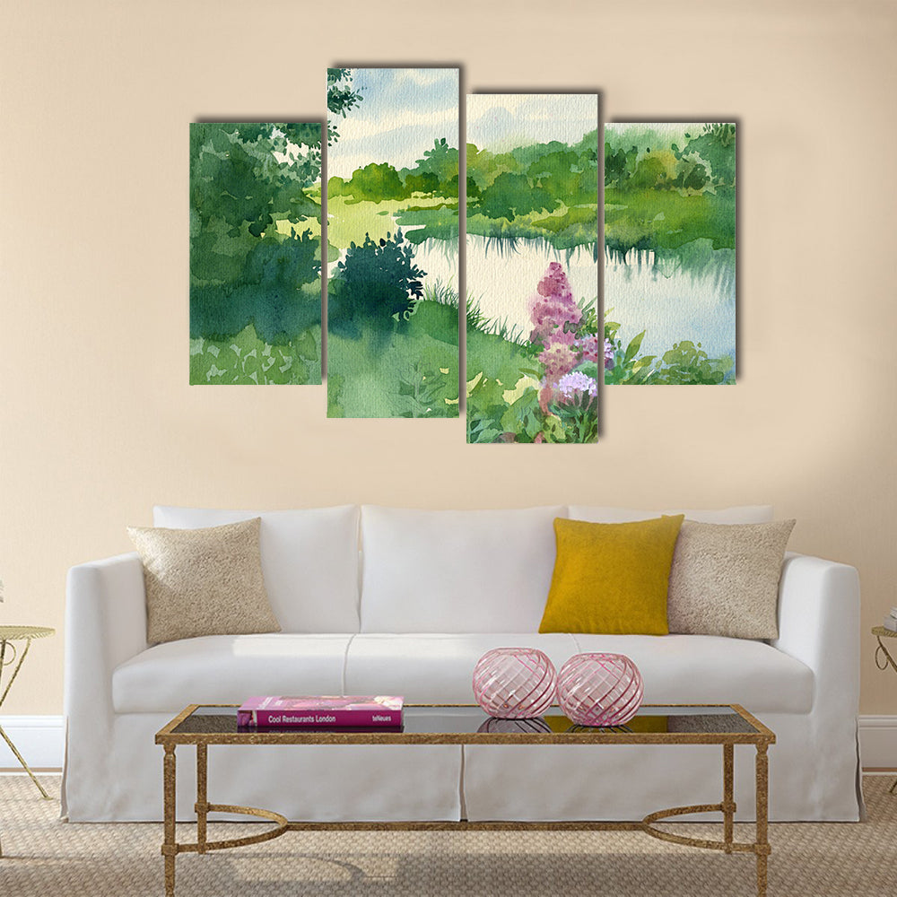 Watercolor Landscape Collection Near the River Multi Panel Canvas Wall Art