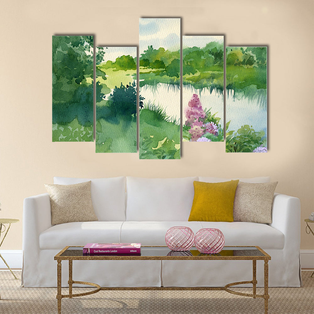 Watercolor Landscape Collection Near the River Multi Panel Canvas Wall Art
