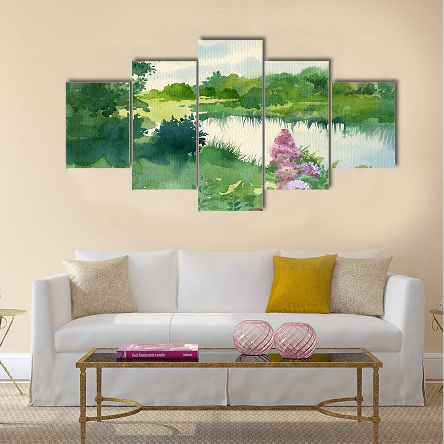 Watercolor Landscape Collection Near the River Multi Panel Canvas Wall Art