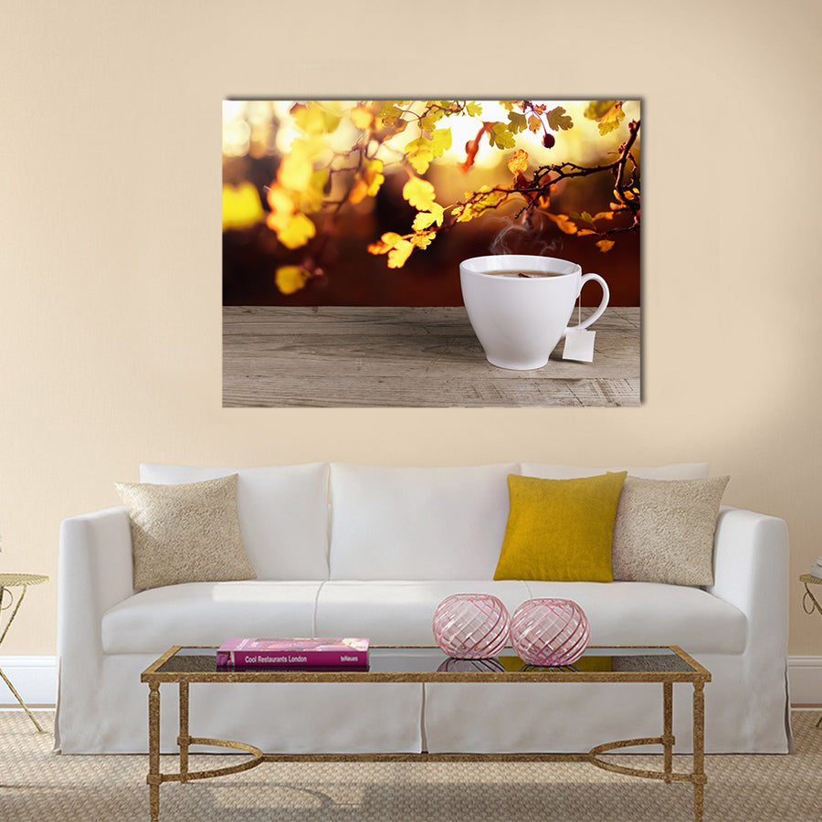 Cup of hot tea on background lanscape summer autumn Multi Panel Canvas Wall Art