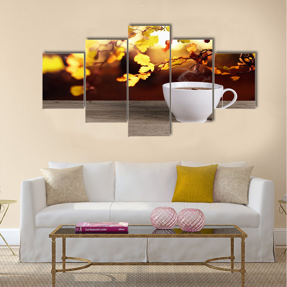 Cup of hot tea on background lanscape summer autumn Multi Panel Canvas Wall Art