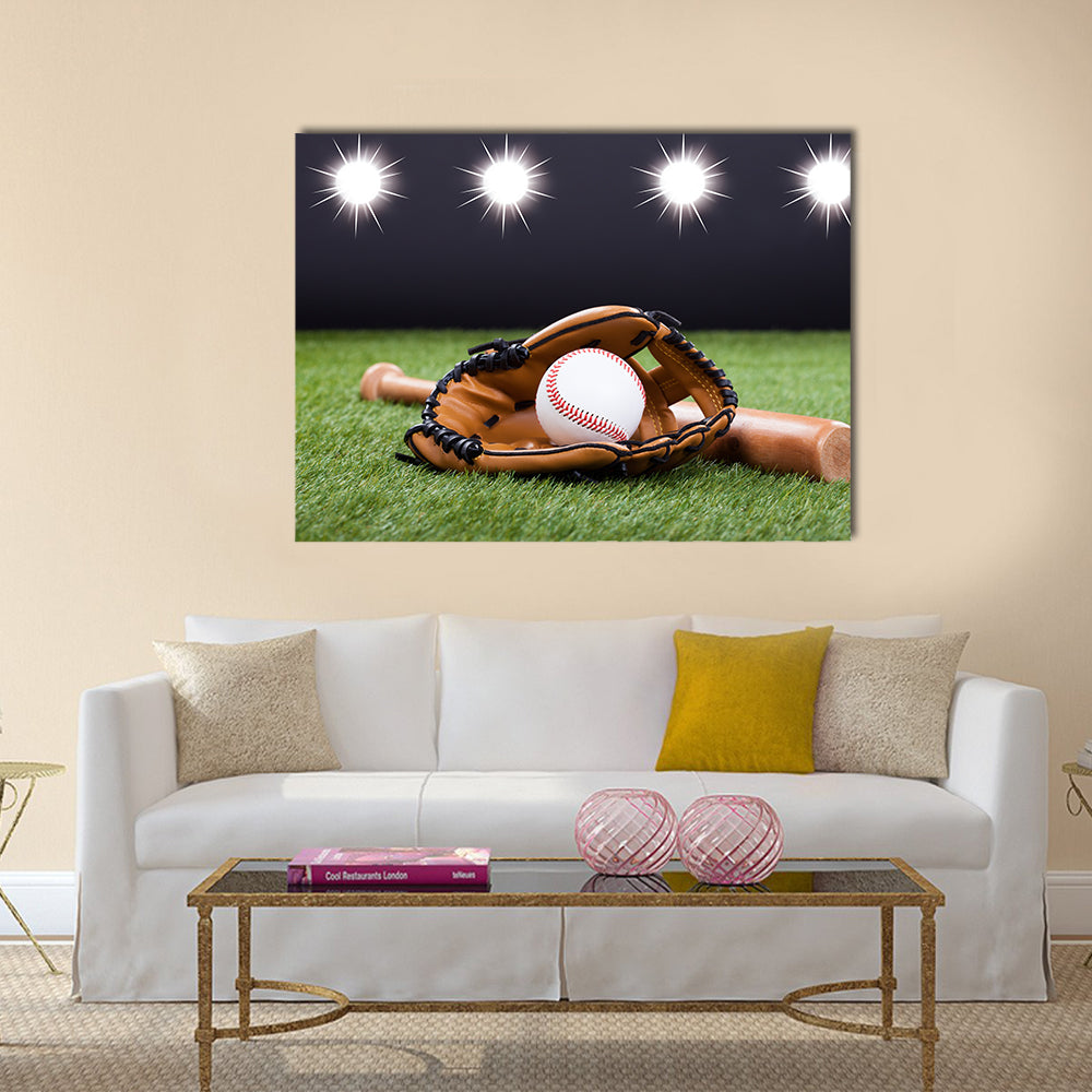 Baseball Glove With Baseball And Bat Lying On Green Grass Multi panel canvas wall art