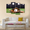 Baseball Glove With Baseball And Bat Lying On Green Grass Multi panel canvas wall art